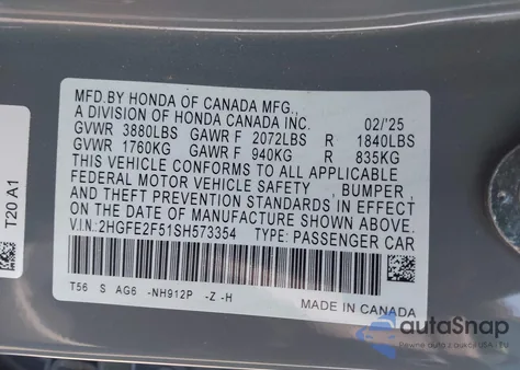 2025 Honda Civic Sport from USA, damaged, VIN 2HGFE2F51SH573354